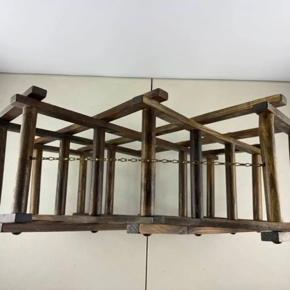 Vintage Wooden Accordion Folding Wine Rack w Brass Accents